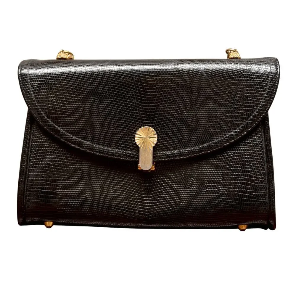 1950s Koret Black Pebble Leather Handbag | Mid-Century Chain Strap